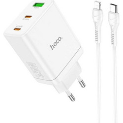 Hoco N33 Φορτιστής με Καλώδιο Lightning με Θύρα USB-A & 2 Θύρες USB-C 35W Power Delivery White