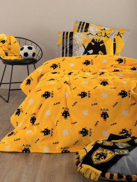 Κουβέρτα 160x220 Μονή Flannel-Sherpa 400gsm Palamaiki AEK BL Yellow