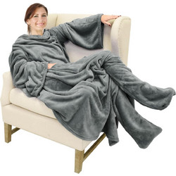 Huggle Ολόσωμη Κουβέρτα Βελουτέ Fleece με Μανίκια και Κάλυψη Ποδιών - Γκρι 120x66cm