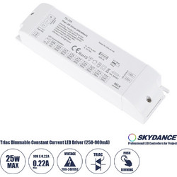 SKYDANCE-TE-25A 73134 DC Triac & Push Dimmer CC Τροφοδοτικό/Μετασχηματιστής SELV με 1 x 250-900mA 25W Κανάλι AC 220-240V σε DC 10-52V 900mA 25W Max IP20 - Triac & Push Dimming - Μ17.5 x Π4.4 x Υ3