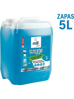 MILL CLEAN CLEANS 5 liters. A liquid cleaner for windows, mirrors, tiles, and countertops. It removes dust and grease stains without leaving streaks or smudges. The large 5-liter canister is ideal for