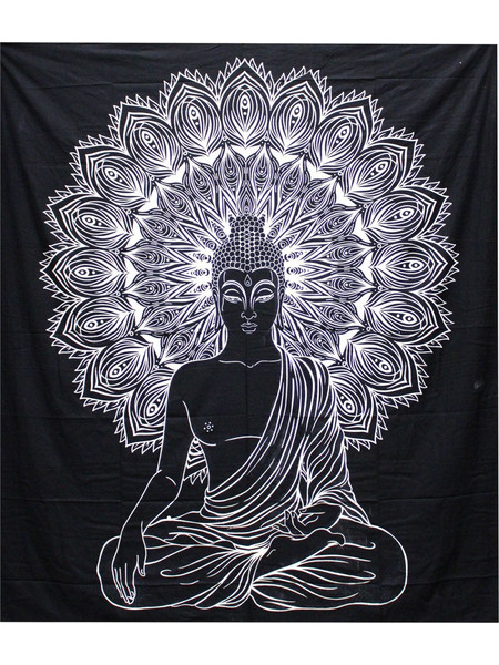 B&W Double Cotton Bedspread + Wall Hanging - Buddha