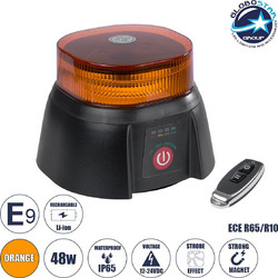 GloboStar(R) 85359 PRO Series Επαναφορτιζόμενος Φάρος Σήμανσης Οχήματος Security - Ασφαλείας για Αυτοκίνητα & Φορτηγά 10 Προγραμμάτων Φωτισμού STROBE LED 48W DC 10-30V Αδιάβροχος IP65 Πορτοκαλί