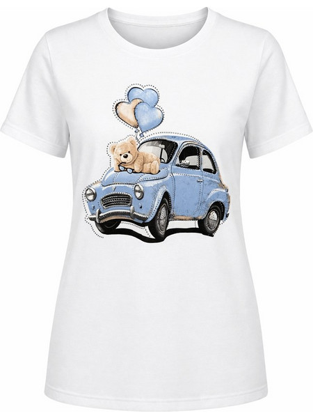 Agape Γυναικείο T-Shirt με σχέδιο Blue Car Bear Βαμβάκι Λευκό