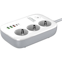 Ldnio SEW3452 Smart Πολύπριζο 3 Θέσεων με 4 USB-A, 1 USB-C, Διακόπτη και Καλώδιο 2m