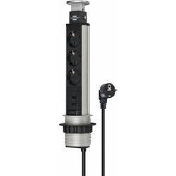 Επιτραπέζιο Πολύπριζο Tower Power Brennenstuhl 1396200013 - Πτυσσόμενο - 3x Schuko - 2x USB-A 10.5W - Καλώδιο 2m - Black/Silver 1396200013
