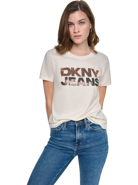 DKNY γυναικείο T-shirt με παγιέτα στο λογότυπο Regular Fit - DJ6T1846 Εκρού