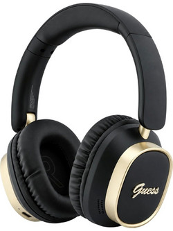 Guess Rectangle Metal Script Logo ENC Ασύρματα Bluetooth Ακουστικά Over Ear με Noise Cancelling Μαύρα Χρυσά