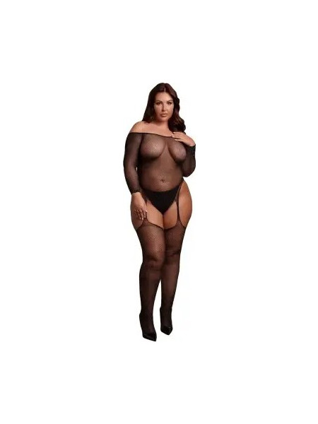 Διχτυωτό Bodystocking Off-Shoulder Μαύρο/Χρυσό Plus Size XL-4XL