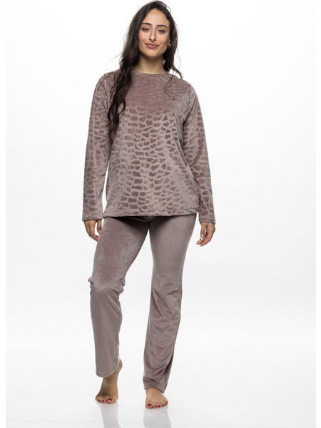 Galaxy Velour Σετ Γυναικείες Πιτζάμες Βελουτέ Μπεζ 853-26