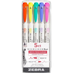 Zebra Mildliner Double Ended Brush Pen & Marker Bold & Fine Point 5 Pack Refresh Mild Set (ZB-79405) (ZEB79405)