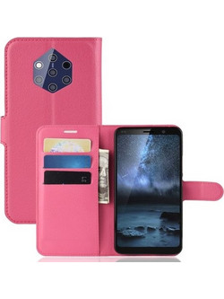 Θήκη Nokia 9 PureView OEM Litchi Texture Leather με βάση στήριξης, υποδοχές καρτών και μαγνητικό κούμπωμα Flip Wallet δερματίνη φούξια