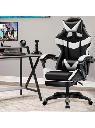 Bakaji Καρέκλα Gaming Δερματίνης με Ρυθμιζόμενα Μπράτσα και Υποπόδιο Λευκή Μαύρη 8054143058208