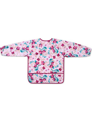 BabyOno Floral Αδιάβροχη Σαλιάρα Ποδιά Πλαστική με Αυτοκόλλητο Τσέπη & Μανίκια 6m+ Ροζ