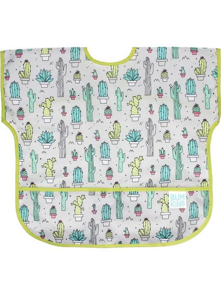 Bumkins SuperBib Cacti Αδιάβροχη Σαλιάρα Ποδιά Υφασμάτινη με Αυτοκόλλητο Τσέπη & Μανίκια 12m+ Γκρι Lime