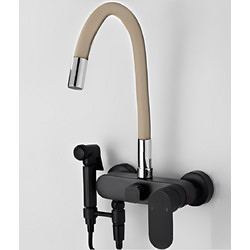 Bonken HT-1816 Μπαταρία Κουζίνας Τοίχου Τριπλής Παροχής Σπαστή Ανάμεικτη με Εύκαμπτο Ρουξούνι Μπεζ