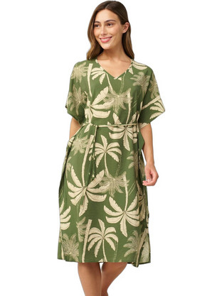 Vamp Midi Καλοκαιρινό Καθημερινό Φόρεμα Floral Μεταξωτό Χακί 24447