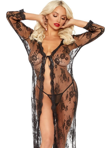 Leg Avenue Sexy Ρόμπα See Through με Δαντέλα Μαύρη 714718540337