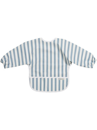 Meyco Baby Fat Stripe Jeans Αδιάβροχη Σαλιάρα Ποδιά Υφασμάτινη με Αυτοκόλλητο Τσέπη & Μανίκια 4m+ Λευκή Μπλε
