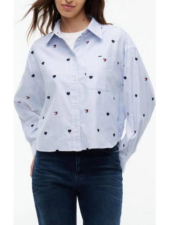 Tommy Jeans Μακρυμάνικο Γυναικείο Πουκάμισο Βαμβακερό Γαλάζιο DW0DW23438-C1N
