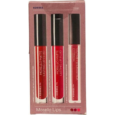 Korres Morello Matte Lasting Lip Fluid 59 Brick Red + 29 Strawberry Kiss + Lip Gloss 16 Blushed Pink 4ml