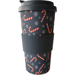 Κούπα από μπαμπού Eco Bamboo Fibre Cup με καπάκι σιλικόνης σε μπλε χρώμα με χριστουγεννιάτικα γλειφιτζούρια 500ml