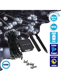 85808 Διακοσμητική Γιρλάντα 10 Μέτρων με Controller 8 Προγραμμάτων Φωτισμού - 100 LED 4W με Ενσωματωμένη Μπαταρία 600mAh - Φωτοβολταϊκό Πάνελ - Αισθητήρα Ημέρας-Νύχτας - Βάση Κήπου & Σκούρο Πράσινο Κα
