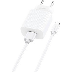 Foneng EU28 Φορτιστής με Καλώδιο USB-C με Θύρα USB-A 12W Quick Charge 3.0 White