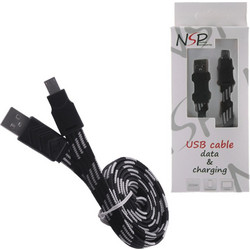 NSP ΚΑΛΩΔΙΟ MICRO USB-A FLAT BRAIDED 10mm USB-A 2.1A ΦΟΡΤ.DATA 1m BLACK