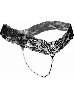 Black Lace T-Back Thong with Pearl Detail