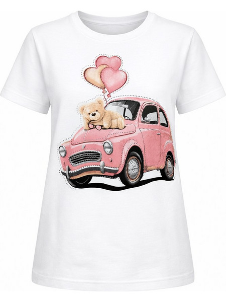 Agape Γυναικείο T-Shirt με σχέδιο Pink Car Bear Βαμβάκι Λευκό