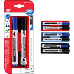 MP MP μαρκαδόροι & σφουγγάρι ασπροπίνακα PE487-9, 2/3mm μαύρος & μπλε, 2τμχ