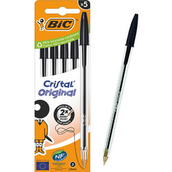 BIC στυλό διαρκείας ballpoint Cristal Original, 1mm μύτη, μαύρο, 5τμχ