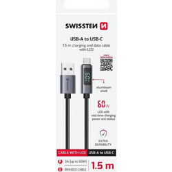 Καλώδιο Φόρτισης SWISSTEN (71551073) USB-A σε USB-C - 60W, QC, USB 2.0 - Braided - Με Οθόνη LCD - 1m - Μαύρο SW71551073