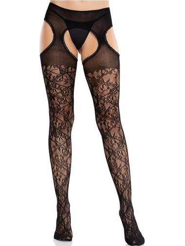 Leg Avenue - Floral Lace Stockings With Garters Black os