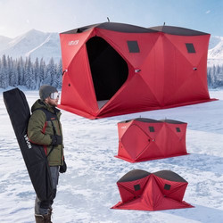 VEVOR Pop Up Ice Fishing Tent 6-8 Person 3,6 x 1,8 x 2 m Portable Shelter, for Winter Fishing, 6,27 m Area, 300D Oxford Fabric Hub-Style Shanty, Ice Cube with Anchors, Ropes, Carry Bag, Red/Black