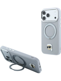 Karl Lagerfeld Leather Ring Stand 360 K Pin MagSafe Θήκη Grey (iPhone 18 Pro / 17 Pro)