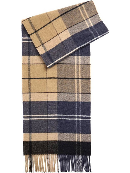Barbour Inverness Tartan Κασκόλ 100% Μαλλί με Κρόσσια, 33 x 185 cm, σε χρώμα Μπεζ & Μπλε Καρό