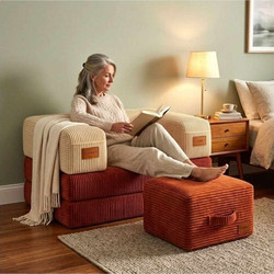 1-Seat Sofa & Pouffe Set Duo Tile Red, Cream Fabric: Polyester / Linen