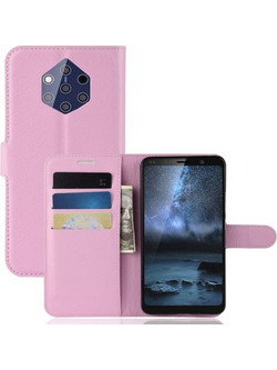 Θήκη Nokia 9 PureView OEM Litchi Texture Leather με βάση στήριξης, υποδοχές καρτών και μαγνητικό κούμπωμα Flip Wallet δερματίνη ροζ