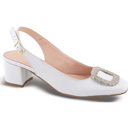 Blondie Γόβες Slingback Δερμάτινες με Χοντρό Χαμηλό Τακούνι & Στρας Λευκές 4000
