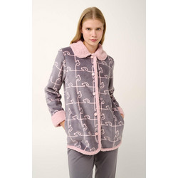 Vamp Γυναικεία Ρόμπα Χειμωνιάτικη Fleece Γκρι Ροζ 21485