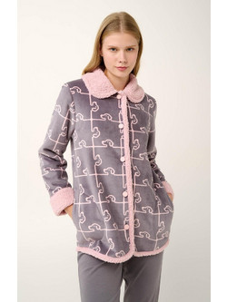 Vamp Γυναικεία Ρόμπα Χειμωνιάτικη Fleece Γκρι Ροζ 21485