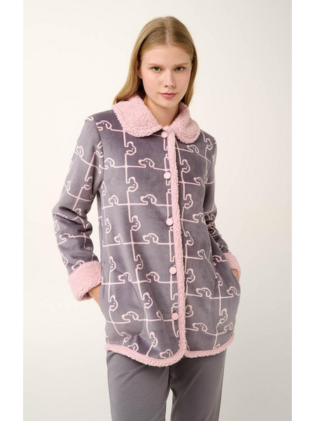 Vamp Γυναικεία Ρόμπα Χειμωνιάτικη Fleece Γκρι Ροζ 21485