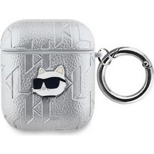 Karl Lagerfeld Embossed Choupette Head Θήκη Σιλικόνης με Γάντζο για Apple AirPods 1 / 2 Ασημί
