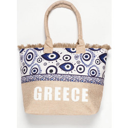 Silk Fashion Greece Ψάθινη Τσάντα Θαλάσσης Ώμου Μπεζ Μπλε 49x34cm 5206978164859