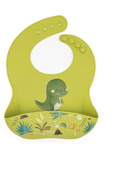 Sassi Cracky The Dinosaur Αδιάβροχη Σαλιάρα Σιλικόνης με Κουμπί & Τσέπη 6m+ Lime