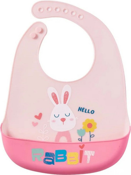 Bunny Αδιάβροχη Σαλιάρα Σιλικόνης με Κουμπί & Τσέπη 6m+ Ροζ