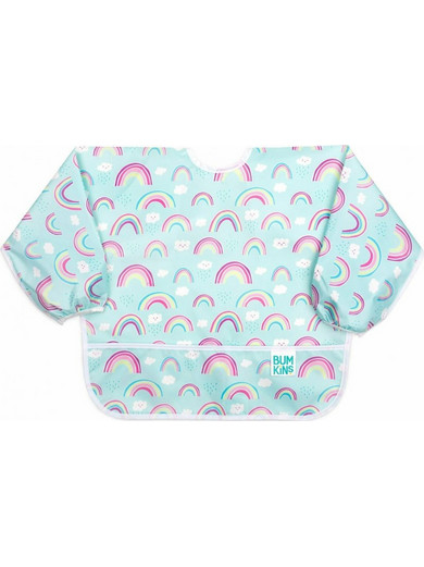 Bumkins SuperBib Rainbows Αδιάβροχη Σαλιάρα Ποδιά Πλαστική με Κορδόνι Τσέπη & Μανίκια 6m+ Γαλάζια