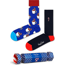Happy Socks Candy Cane & Cocoa Ανδρικές Κάλτσες Ψηλές με Σχέδια Royal Blue Μαύρες 2Pack XCCC02-6500